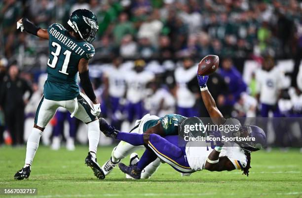 Minnesota Vikings Running Back Alexander Mattison fumbles the ball in the second half during the game between the Minnesota Vikings and Philadelphia...