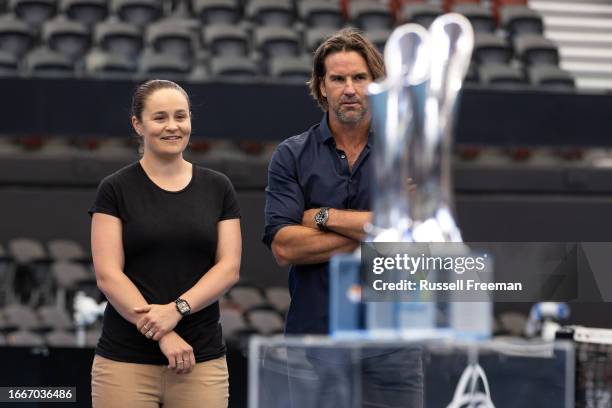 The Brisbane International trophies are seen during a Tennis Australia media opportunity at Queensland Tennis Centre on September 15, 2023 in...