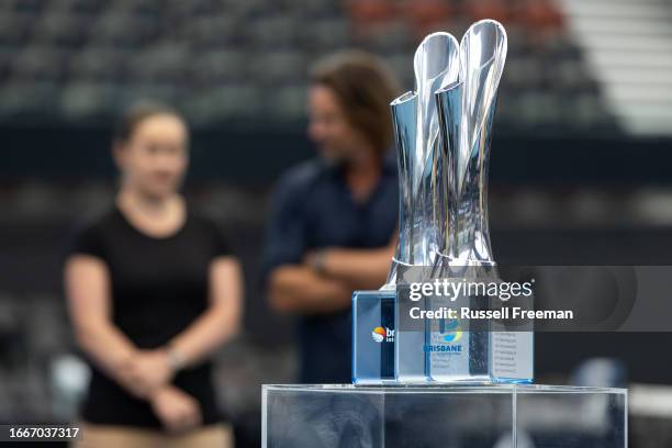 The Brisbane International trophies are seen during a Tennis Australia media opportunity at Queensland Tennis Centre on September 15, 2023 in...