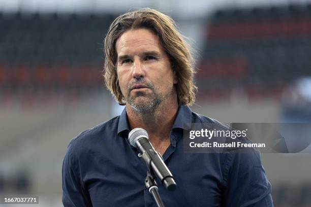 Patrick Rafter talks to the press during a Tennis Australia media opportunity at Queensland Tennis Centre on September 15, 2023 in Brisbane,...
