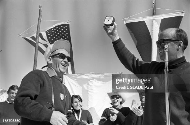 France Alpine Ski Team In Vail In Colorado. Aux Etats-Unis, dans le Colorado, à Vail, en mars 1965. L'équipe de France participe à une compétition de...