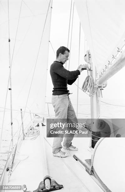 Eric Tabarly Wins The Transatlantic Solo Race Plymouth Newport. Juin 1964, le navigateur français Eric TABARLY participe à la course à la voile 'La...