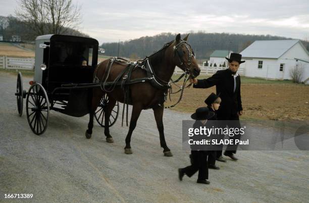 The Amish Of New Holland In Pennsylvania. En Pennsylvanie, dans la ville de New-Hollande, sur une route, un homme, vêtu de noir avec un chapeau,...