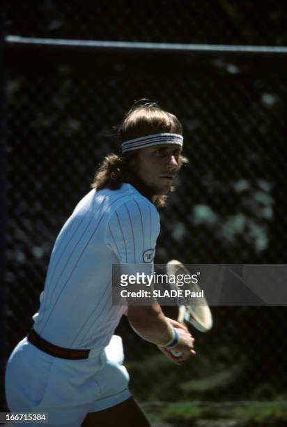 Bjorn Borg. En juin 1977, Bjorn BORG, tennisman, portant sa tenue sportive 'Fila', son bandeau dans les cheveux et sa raquette, jouant au tennis à...