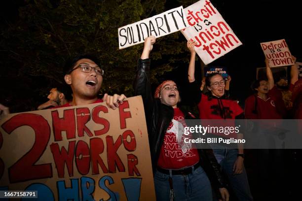 Supporters cheer as United Auto Workers members go on strike at the Ford Michigan Assembly Plant on September 15, 2023 in Wayne, Michigan. Contract...