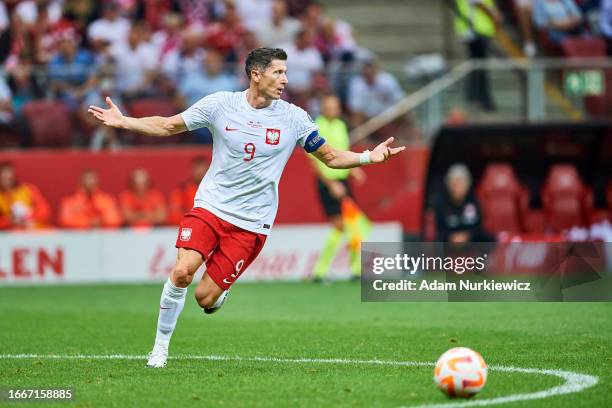 Robert Lewandowski from Poland gestures during the UEFA 2024 European Qualifiers group E match between Poland and Faroe Islands at the National...