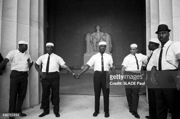 Policemen and firefighters working as security guards, at the Lincoln Memorial during the March on Washington for Jobs and Freedom, the scene of Dr....