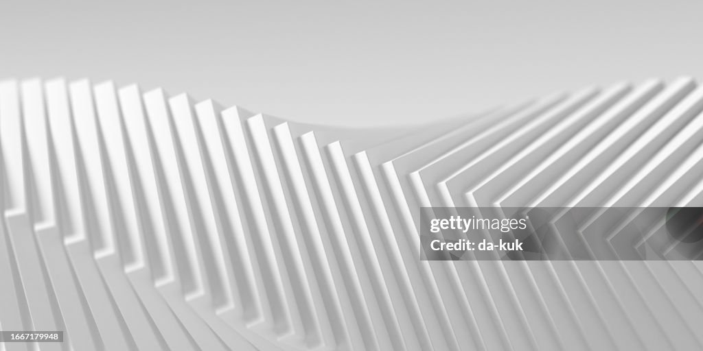 Abstrakter 3D-Hintergrund. Spiralform aus Rechtecken vor hellgrauem Hintergrund mit geringer Schärfentiefe und Kopierraum gerendert