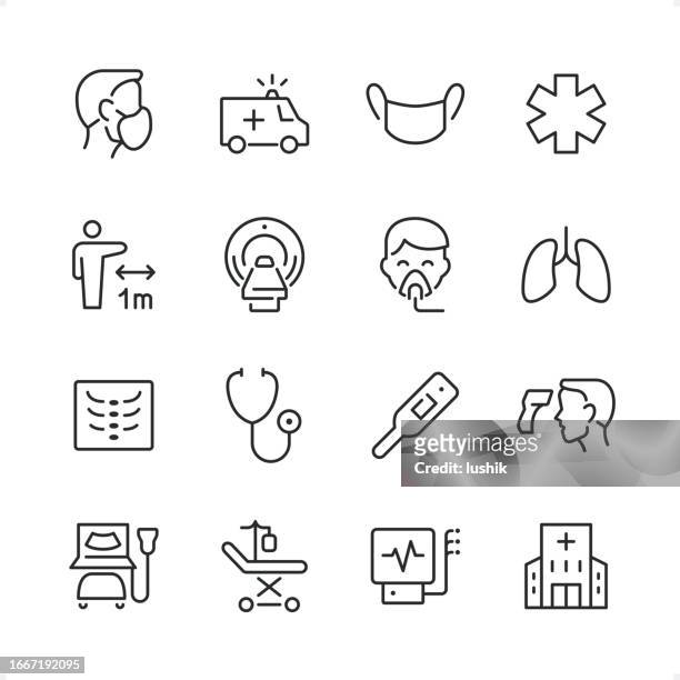 flu and diagnostics - pixel perfect line icon set, editable stroke weight. - temperature scan stock illustrations