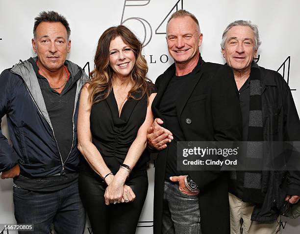 Bruce Springsteen , Sting and Robert De Niro pose with actress/ singer Rita Wilson backstage following her performance at 54 Below on April 15, 2013...