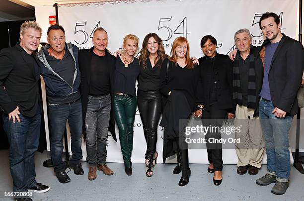 Chris Botti, Bruce Springsteen, Sting, Trudie Styler, Rita Wilson, Patti Scialfa, Grace Hightower and Robert De Niro and Guest pose backstage after...