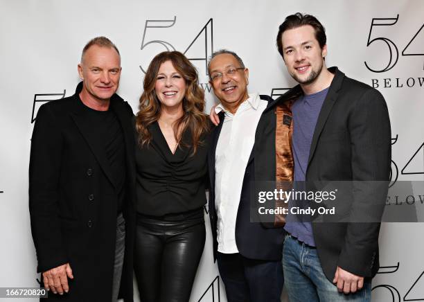 Sting and George C. Wolfe pose with Rita Wilson backstage following her performance at 54 Below on April 15, 2013 in New York City.