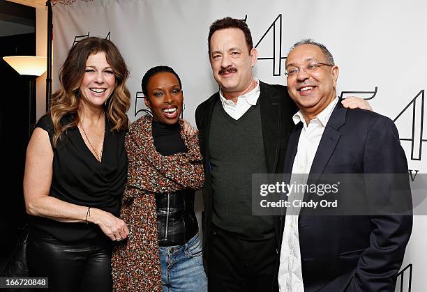 Brenda Braxton, Tom Hanks and George C. Wolfe pose with Rita Wilson backstage following her performance at 54 Below on April 15, 2013 in New York...