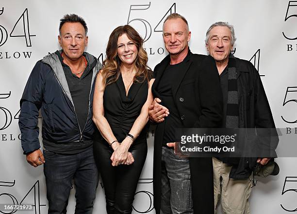 Bruce Springsteen , Sting and Robert De Niro pose with actress/ singer Rita Wilson backstage following her performance at 54 Below on April 15, 2013...