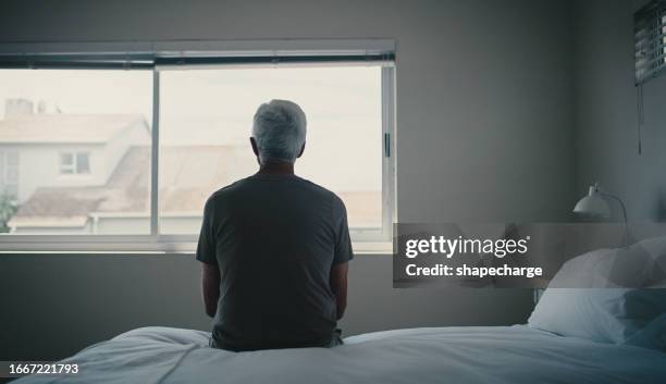 senior man, divorce and anxiety on bed with conflict and crisis with infidelity, marriage and frustrated. stress, old person and bedroom alone, depression and fight with partner or problems in home - an old mistress stock pictures, royalty-free photos & images