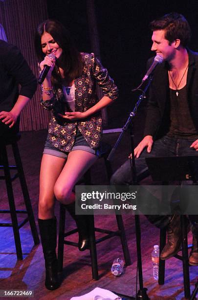 Singer Victoria Justice and singer Logan Henderson perform at the Big Time Rush press conference and tour announcement held at House of Blues on...