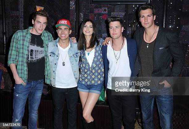 Singers Kendall Schmidt, Carlos Pena, Victoria Justice, Logan Henderson and James Maslow attend the Big Time Rush press conference and tour...