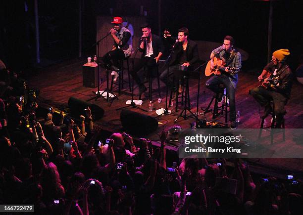 Singers Carlos Pena, Logan Henderson, James Maslow and Kendall Schmidt of Big Time Rush perform at the Big Time Rush press conference and tour...