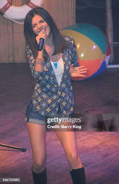 Singer/actress Victoria Justice performs at the Big Time Rush press conference and tour announcement held at House of Blues on April 1, 2013 in West...