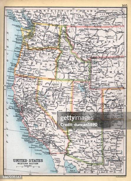old antique map of western united states of america, usa, arizona, california, nevada, oregon, idaho, wyoming, montana, washington state, 1890s, 19th century - montana wyoming map stock illustrations
