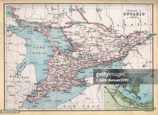 illustrations, cliparts, dessins animés et icônes de ancienne carte de la province de l’ontario, canada, détails des chutes du niagara, années 1890, 19e siècle - ontario province map