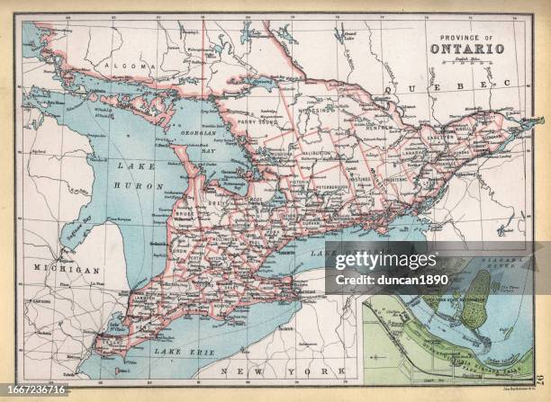 old map of province of ontario, canada, details of niagara falls, 1890s, 19th century - ontario canada map stock illustrations