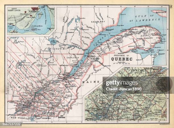 old map of province of quebec, canada, details of montreal area and st lawrence river, 1890s, 19th century - quebec map stock illustrations