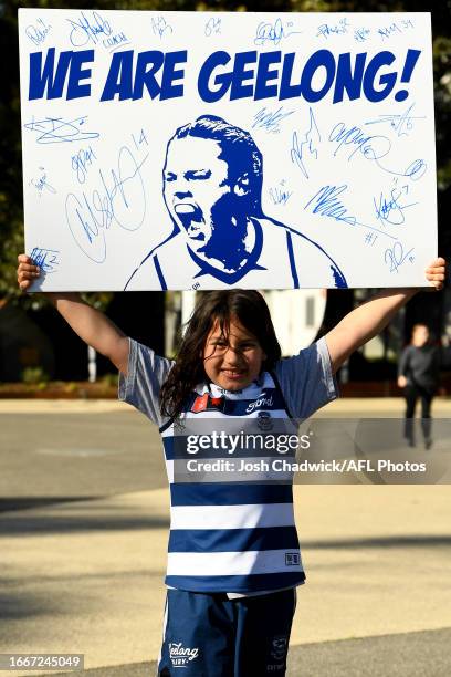 Cats fan poses prior to the 2023 AFLW Round 03 match between the Geelong Cats and the North Melbourne Tasmanian Kangaroos at GMHBA Stadium on...