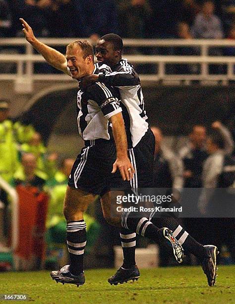 Alan Shearer of Newcastle celebrates after his goal during the FA Barclaycard Premiership match between Newcastle United and Everton at St James's...