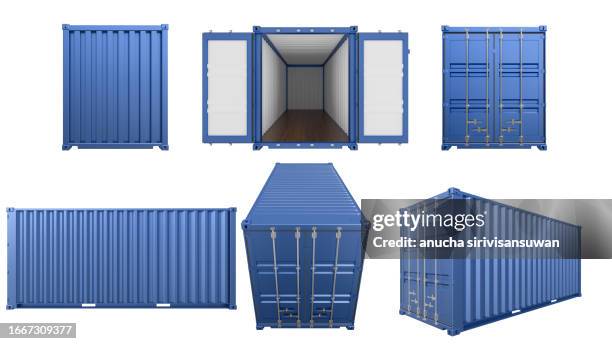 container design in various perspectives white background for die cutting - contentor de carga imagens e fotografias de stock