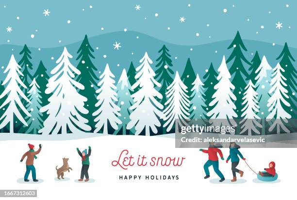 winterwaldurlaubshintergrund mit glücklicher familie - snowdrift stock-grafiken, -clipart, -cartoons und -symbole