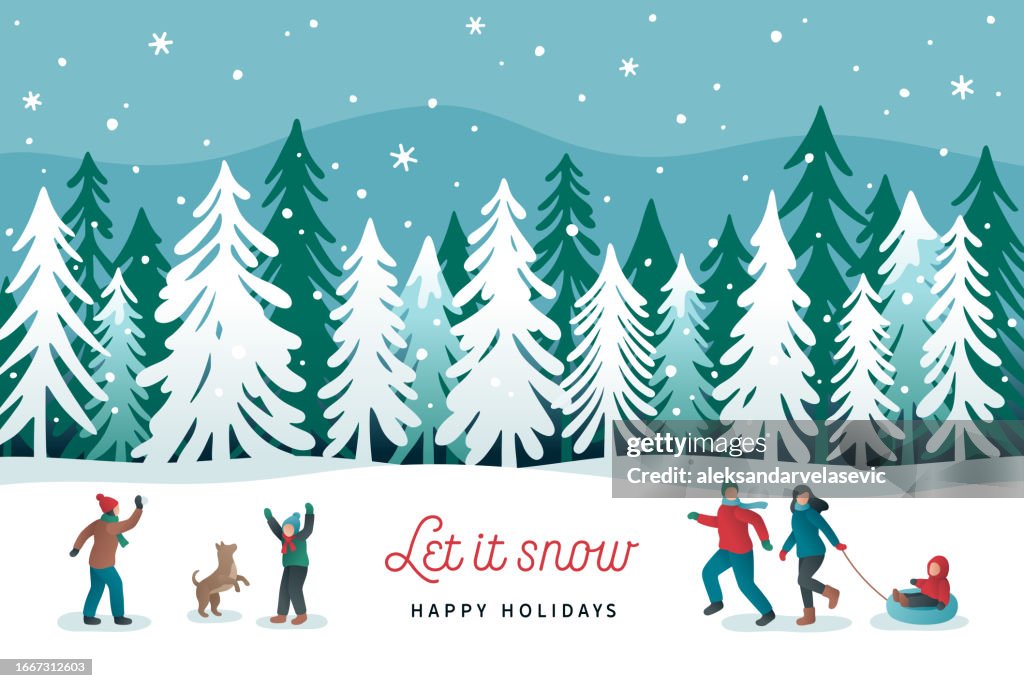 Winter Forest Holiday Background with Happy Family