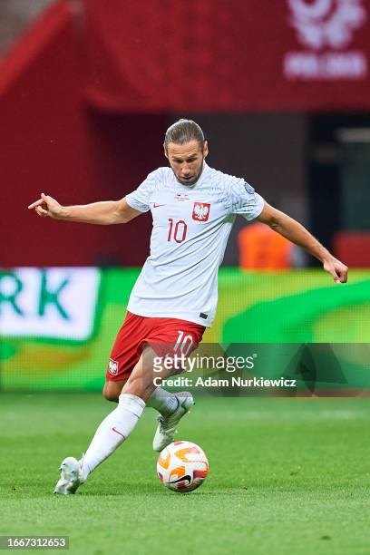 Grzegorz Krychowiak from Poland controls the ball during the UEFA 2024 European Qualifiers group E match between Poland and Faroe Islands at the...