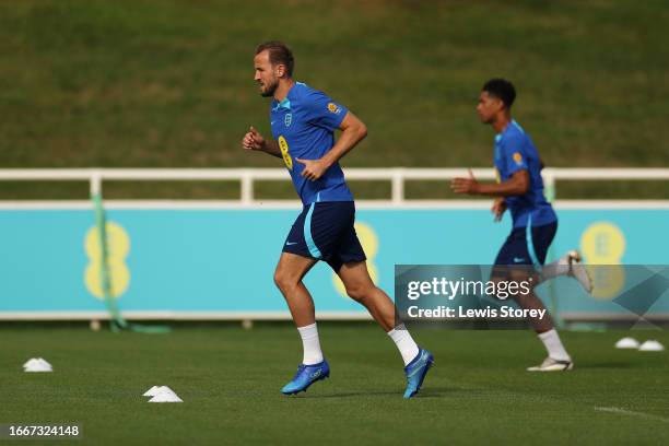 Harry Kane of England trains during an England Men Training Session at St Georges Park on September 08, 2023 in Burton-upon-Trent, England.