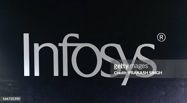 The company logo for Infosys is pictured during the Innovation Showcase exhibition on the sidelines of the Fourth Clean Energy Ministerial in New...