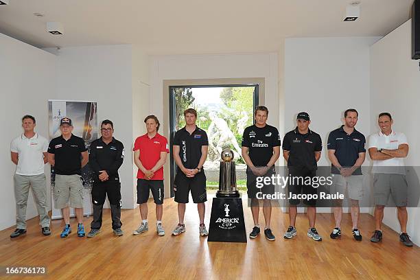 The skippers Chris Draper of Great Britain, Roman Hagara of Austria, Mitch Booth of the Netherlands, Charlie Ekberg of Sweden, Tom Slingsby of...