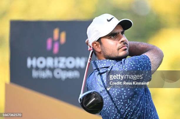Shubhankar Sharma of India tees off on the ninth hole during Day Two of the Horizon Irish Open at The K Club on September 08, 2023 in Straffan,...