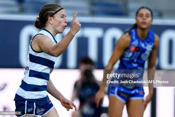 Mikayla Bowen of the Cats celebrates kicking a goal during the 2023 AFLW Round 03 match between the Geelong Cats and the North Melbourne Tasmanian...