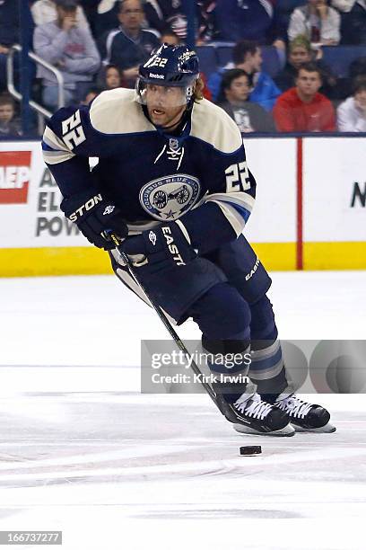 Vinny Prospal of the Columbus Blue Jackets controls the puck during the game against the St. Louis Blues on April 12, 2013 at Nationwide Arena in...