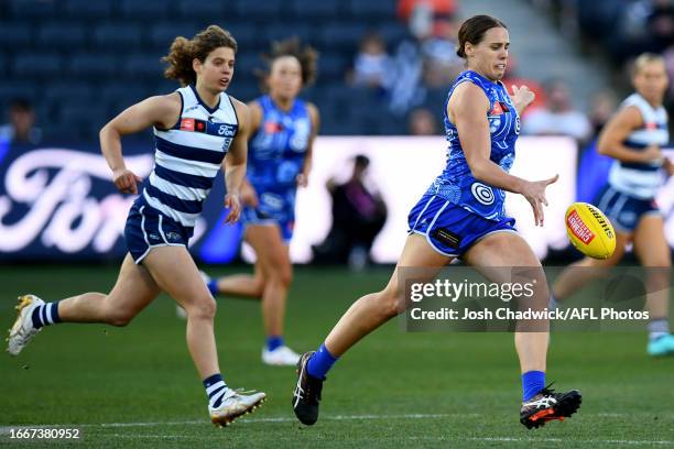 Jasmine Garner of the Kangaroos kicks during the 2023 AFLW Round 03 match between the Geelong Cats and the North Melbourne Tasmanian Kangaroos at...