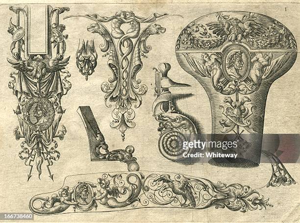 designs for ornamental gun fittings 17th century arquebus - old book pages stock illustrations