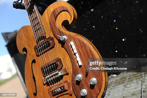 Rare Vox guitar played by George Harrison and John Lennon is exhibited at the Newbridge Silverware Museum of Style before being auctioned off at...