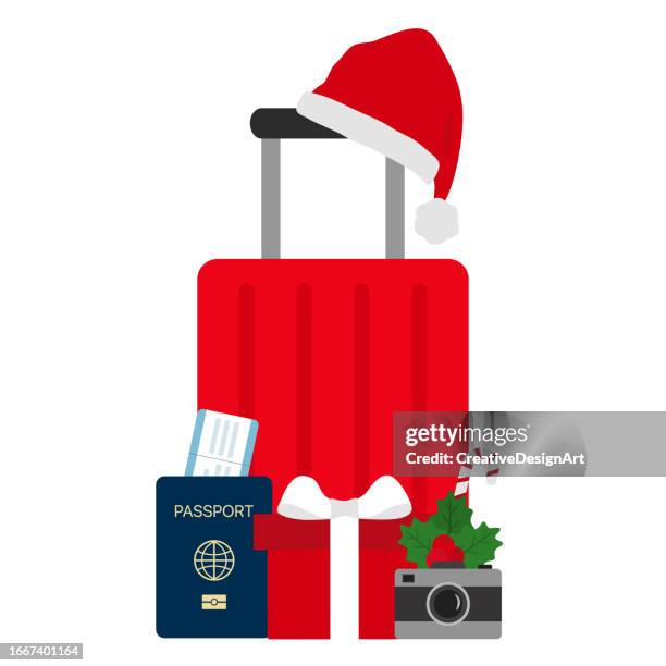 christmas vacation concept with suitcase, santa hat, photo camera, gift box, passport and airplane ticket on white background - christmas travel 幅插畫檔、美工圖案、卡通及圖標