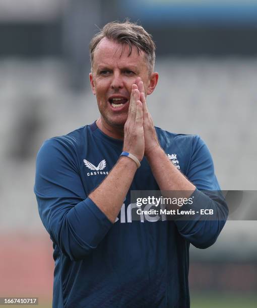 Graeme Swann, Consultant bowling coach pictured during the first day between England U19 and Australia U19 at New Road on September 08, 2023 in...