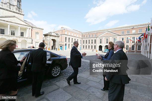 In this handout image provided by the Dept of the Taoiseach, Former Vice President of the United States, Al Gore is welcomed to Dublin Castle by Mary...