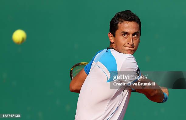 Nicolas Almagro of Spain lines up a backhand against David Goffin of Belgium in their first round match during day three of the ATP Monte Carlo...