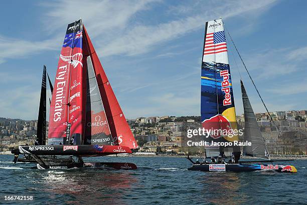 Teams Emirates Team New Zealand sails during a practice race of the AC World Series Naples on April 16, 2013 in Naples, Italy.