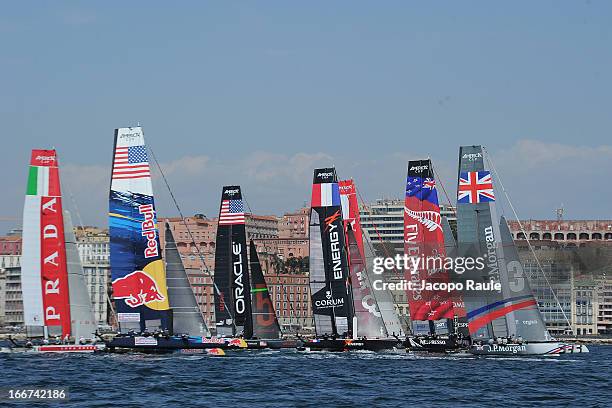 Teams sail during a practice race of the AC World Series Naples on April 16, 2013 in Naples, Italy.