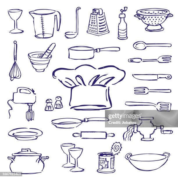 doodle gezeichnete linierte ikonen-küchenkollektion - rührbesen stock-grafiken, -clipart, -cartoons und -symbole