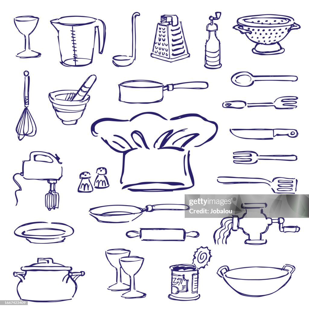 Doodle Drawn Lined Icon Kitchen Collection